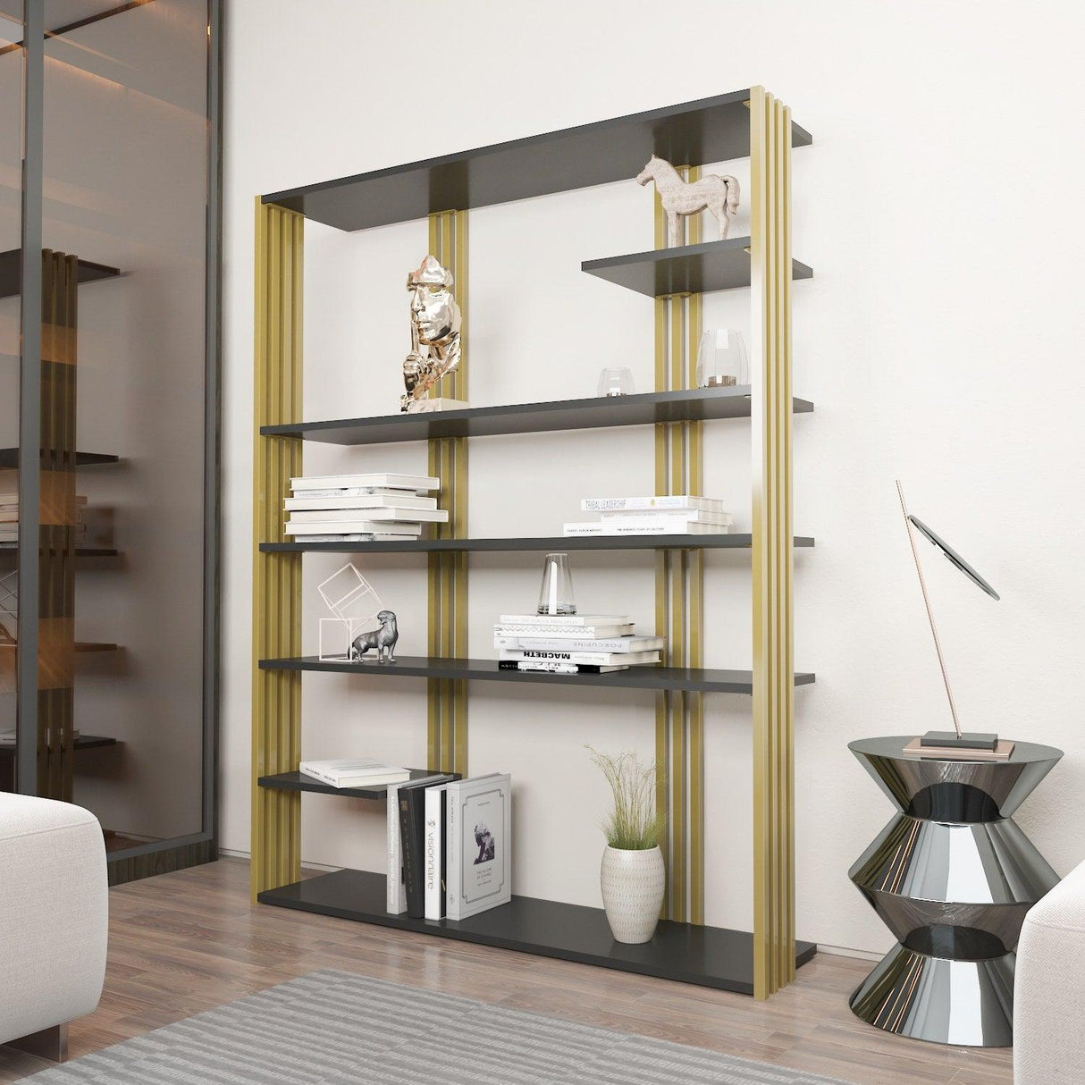 Biblioteca Manny Elegant, 6 Rafturi, 120 X 160 X 30 Cm - Auriu antracit, SKU 875ZNA4519