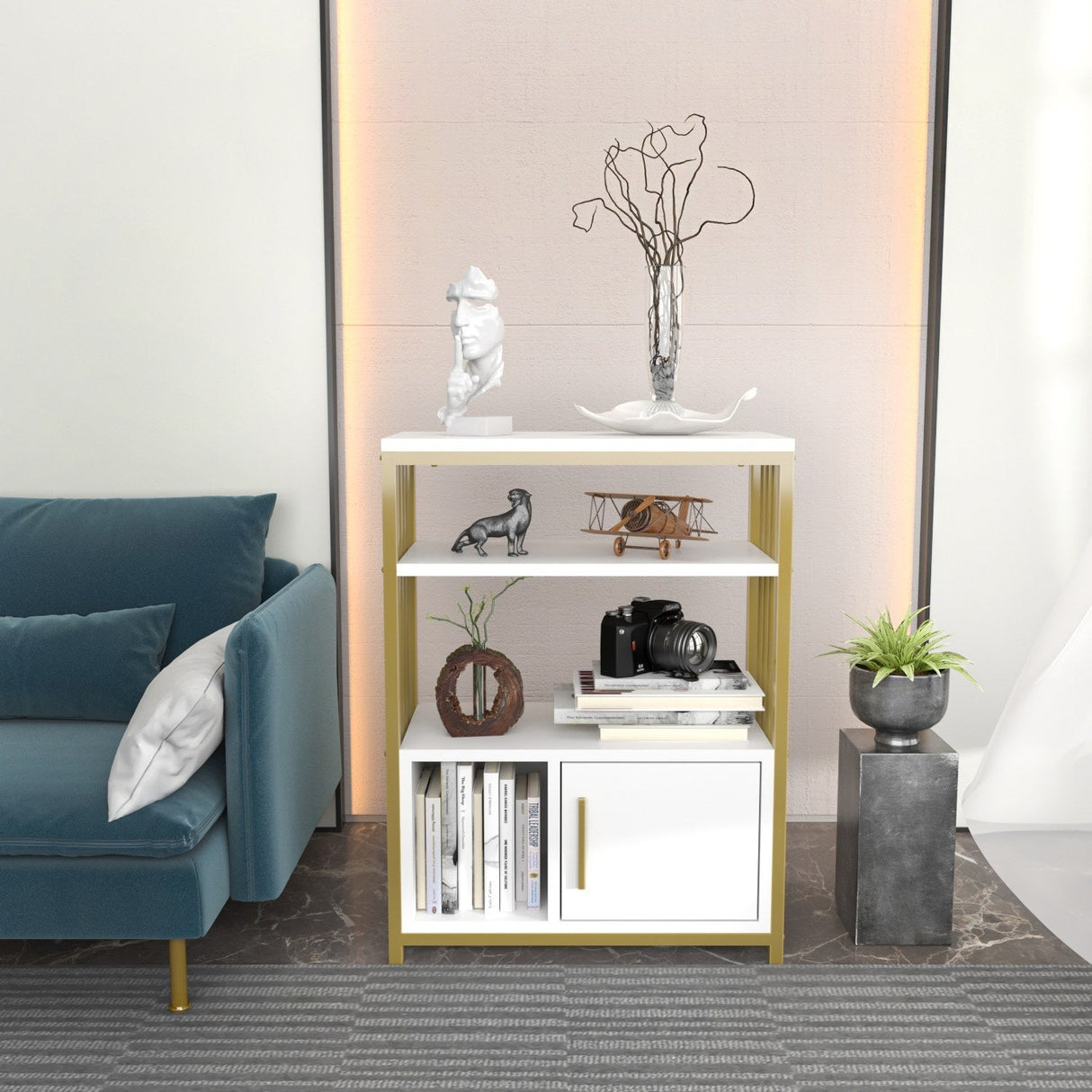 Bibliotecă Letos, Diverse culori, 60x30x80 cm - Alb - Auriu | SKU: 875ZNA4532 | Bibliotecă Letos, 60x30x80 cm, varianta Alb - Auriu, produs pentru amenajarea locuinței, disponibil online în România la CasaMob
