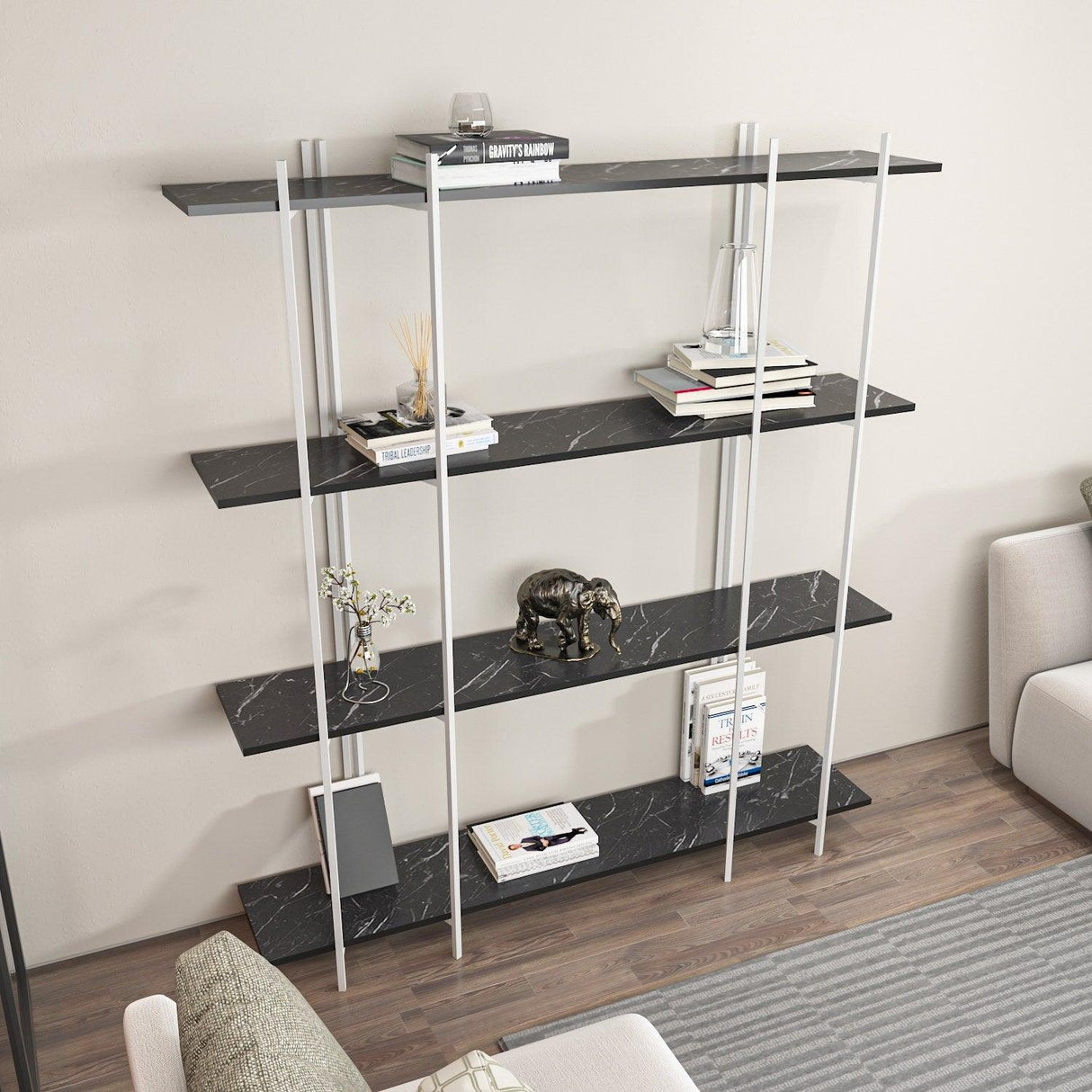 Biblioteca Soms 4 Rafturi Mari, 160 X 180 X 30 Cm - Alb negru, SKU 875ZNA4546