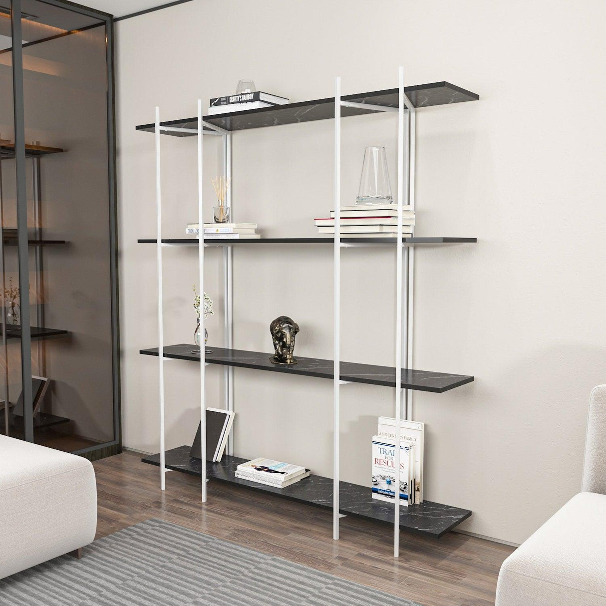 Biblioteca Soms 4 Rafturi Mari, 160 X 180 X 30 Cm - Alb negru, SKU 875ZNA4546