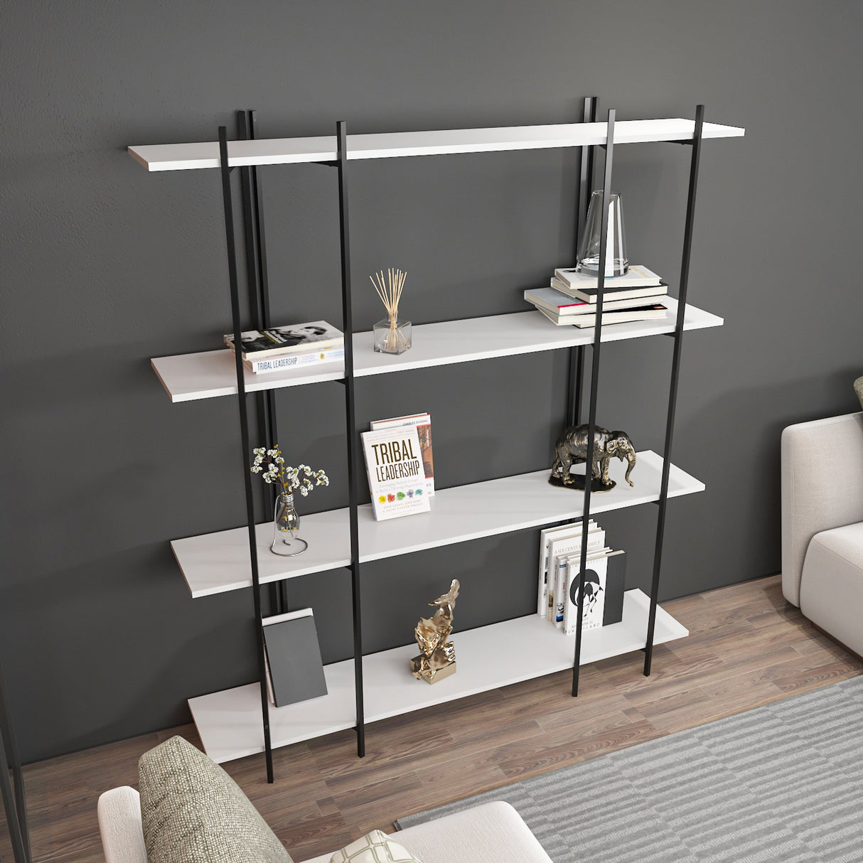 Bibliotecă Moss, Alb - Negru, 160x30x180 cm