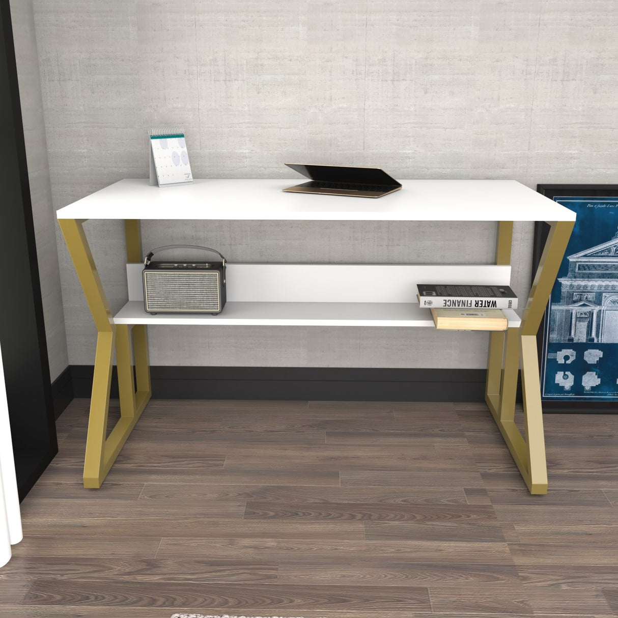 Birou Wake, Alb - Auriu, 120x60x73 cm