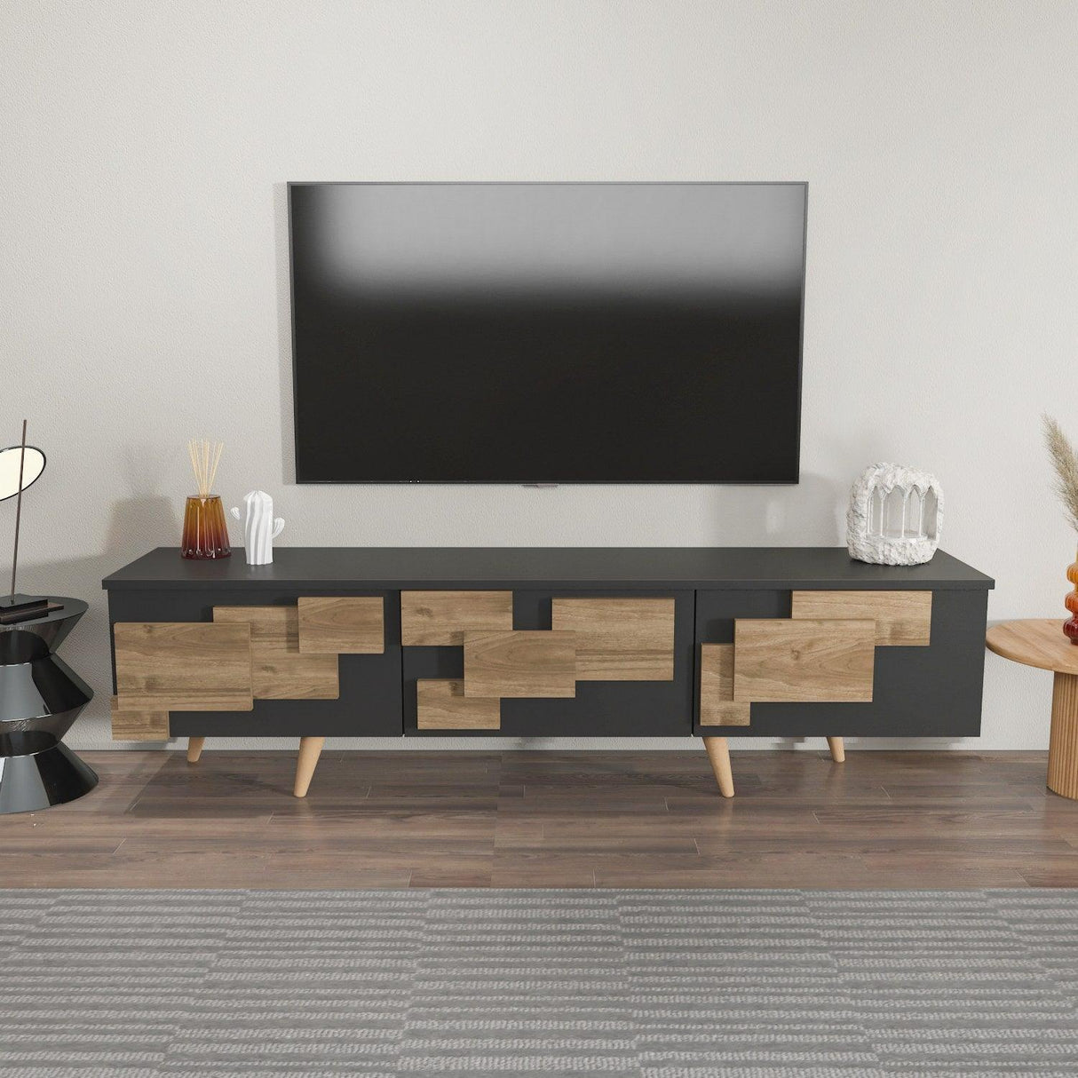 Comoda Tv Uc Boyut 3d Design cu 3 Compartimente, 160 X 45 X 35 Cm - Nuc antracit, SKU 875ZNA4581