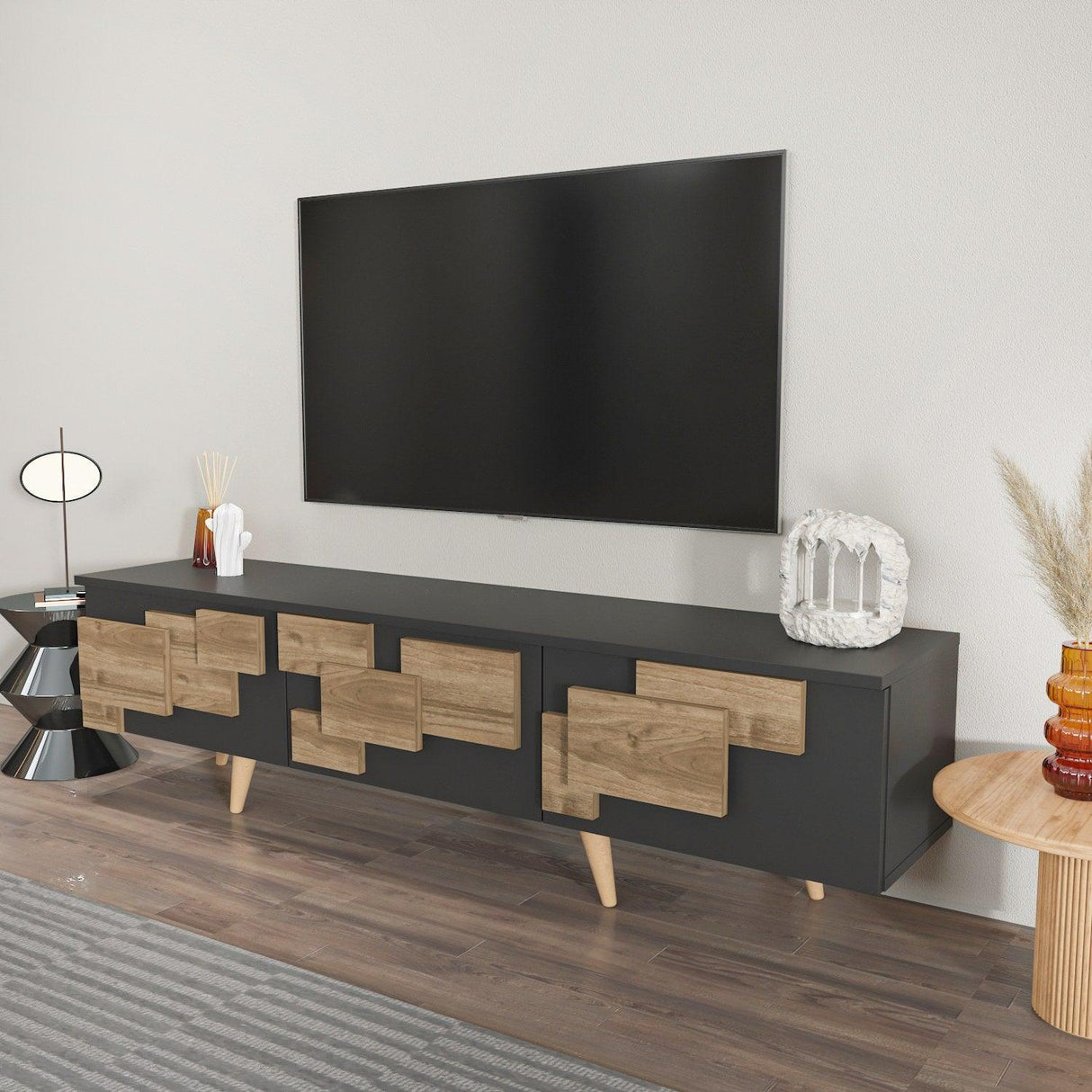Comoda Tv Uc Boyut 3d Design cu 3 Compartimente, 160 X 45 X 35 Cm - Nuc antracit, SKU 875ZNA4581