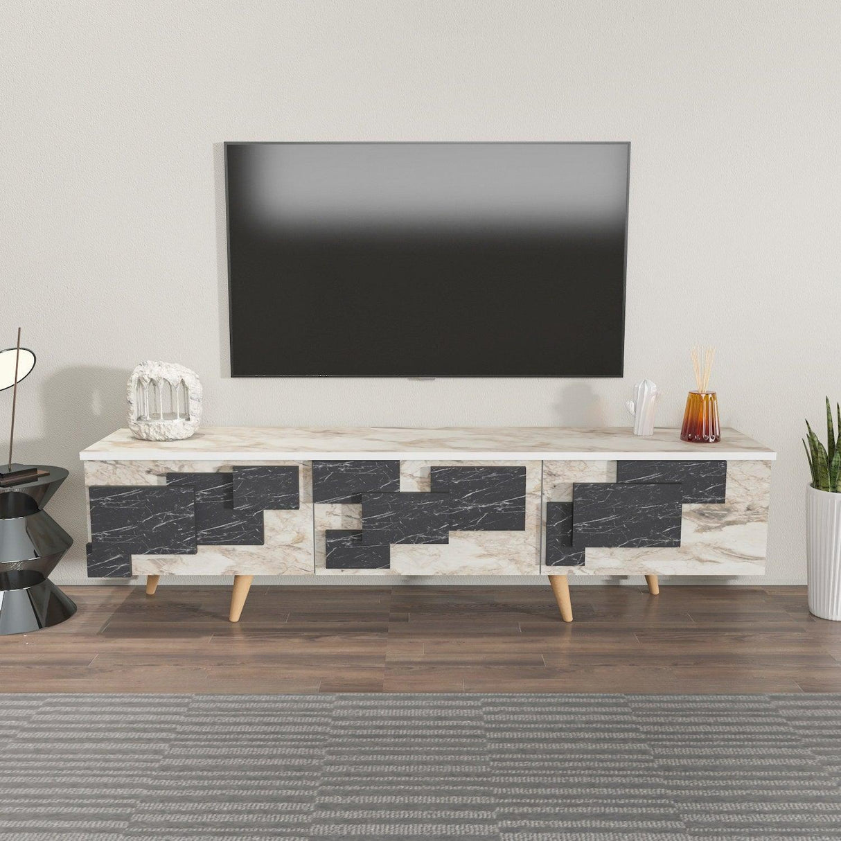 Comoda Tv Uc Boyut 3d Design cu 3 Compartimente, 160 X 45 X 35 Cm - Marmură albă, SKU 875ZNA4581