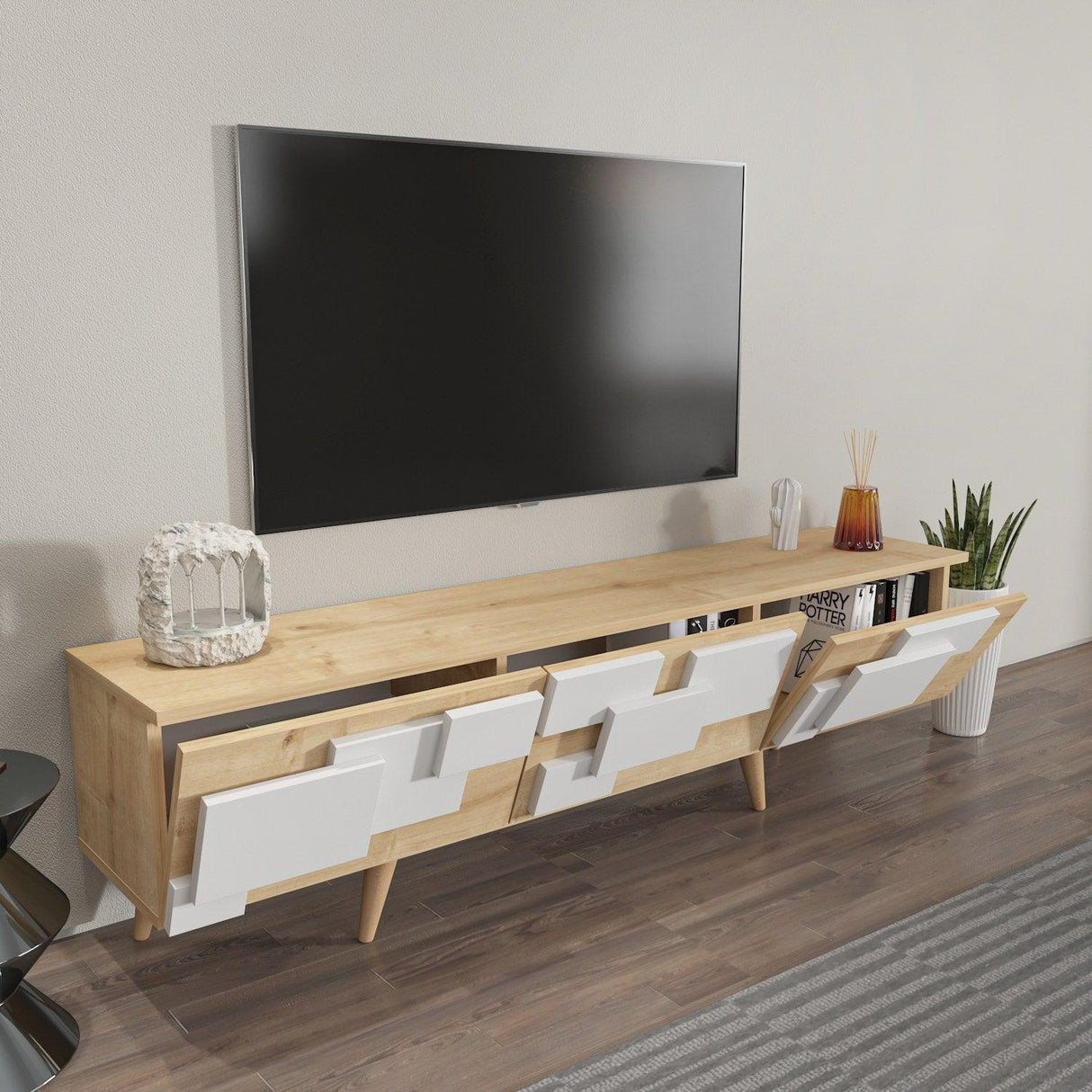 Comoda Tv Uc Boyut 3d Design cu 3 Compartimente, 160 X 45 X 35 Cm - Stejar Alb, SKU 875ZNA4581