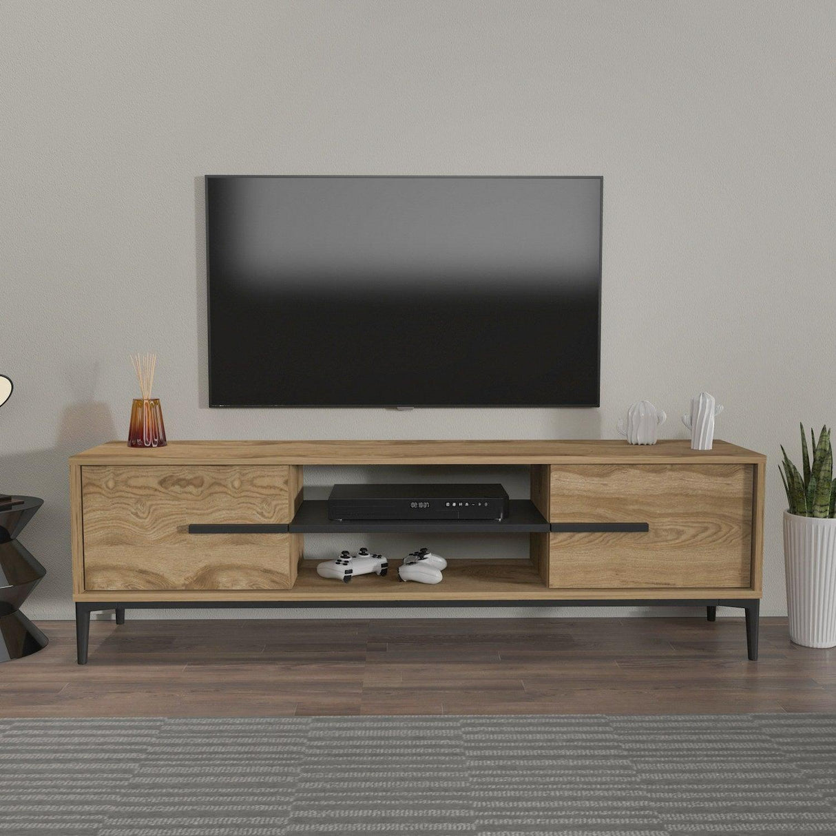Comoda Tv Eslem cu 2 Raft si 2 Usi, 120 X 43 X 30 Cm - Stejar Negru, SKU 875ZNA4593