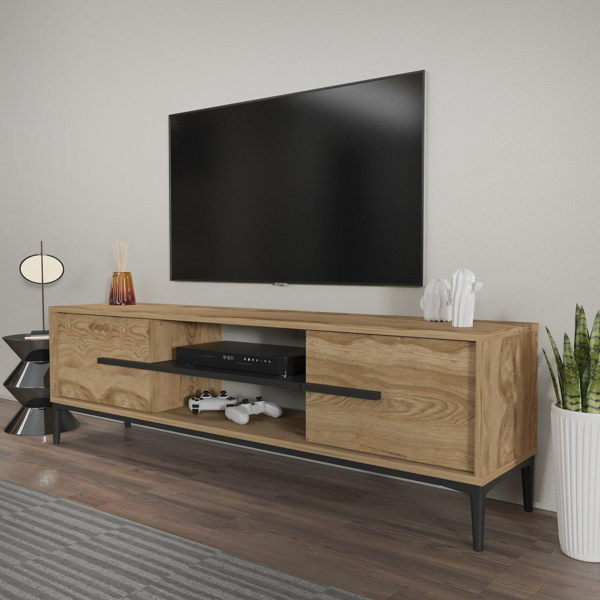 Comoda Tv Eslem cu 2 Raft si 2 Usi, 120 X 43 X 30 Cm - Stejar Negru, SKU 875ZNA4593