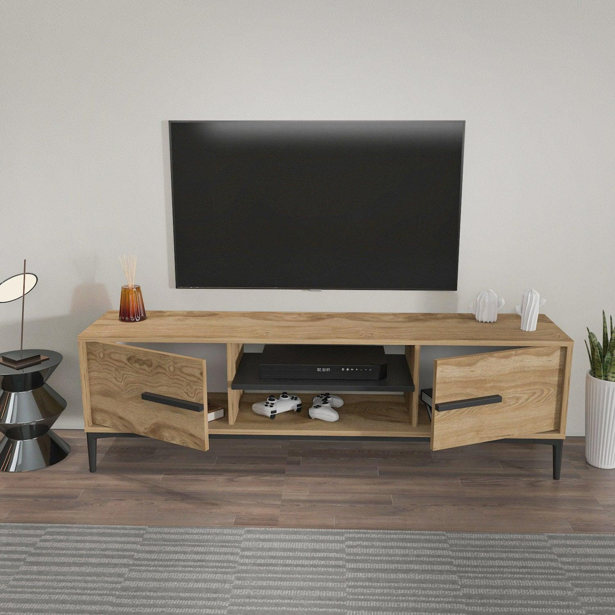 Comoda Tv Eslem cu 2 Raft si 2 Usi, 120 X 43 X 30 Cm - Stejar Negru, SKU 875ZNA4593