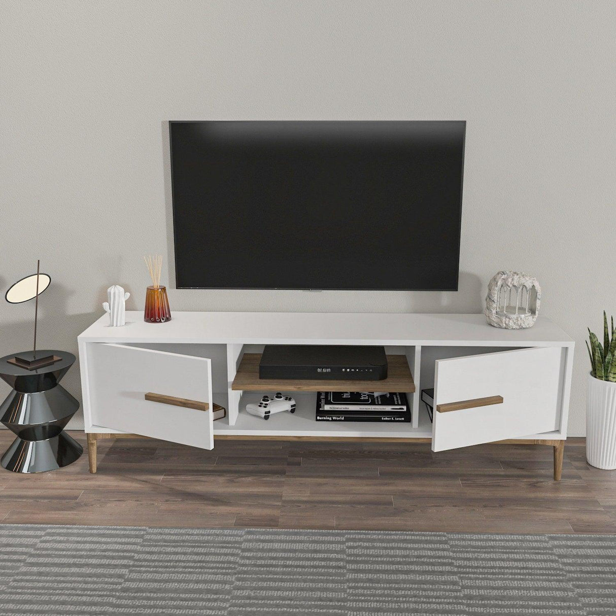 Comoda Tv Eslem cu 2 Raft si 2 Usi, 120 X 43 X 30 Cm - Nuc Alb, SKU 875ZNA4593