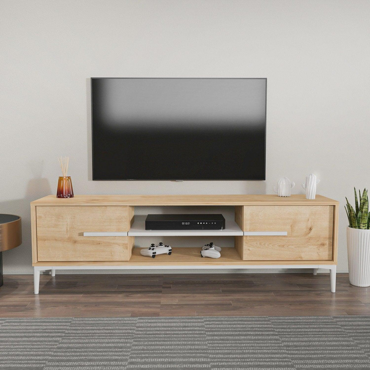 Comoda Tv Eslem cu 2 Raft si 2 Usi, 120 X 43 X 30 Cm - Stejar Alb, SKU 875ZNA4593