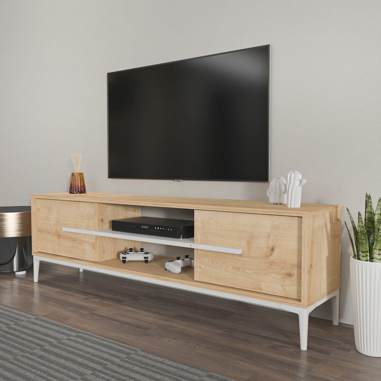 Comoda Tv Eslem cu 2 Raft si 2 Usi, 120 X 43 X 30 Cm - Stejar Alb, SKU 875ZNA4593