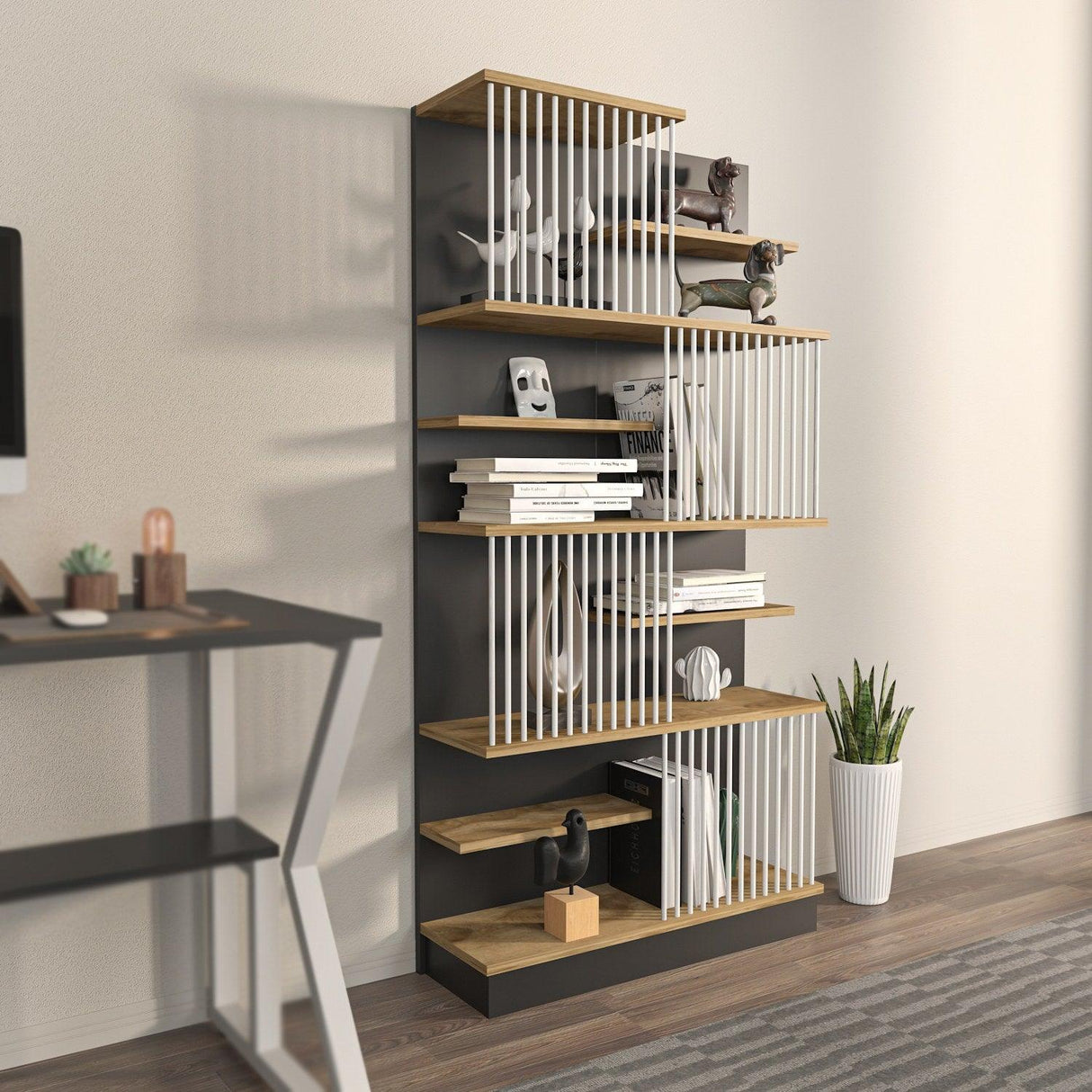 Biblioteca Sanali cu 9 Rafturi, 80 X 160 X 25 Cm - Stejar negru, SKU 875ZNA4605
