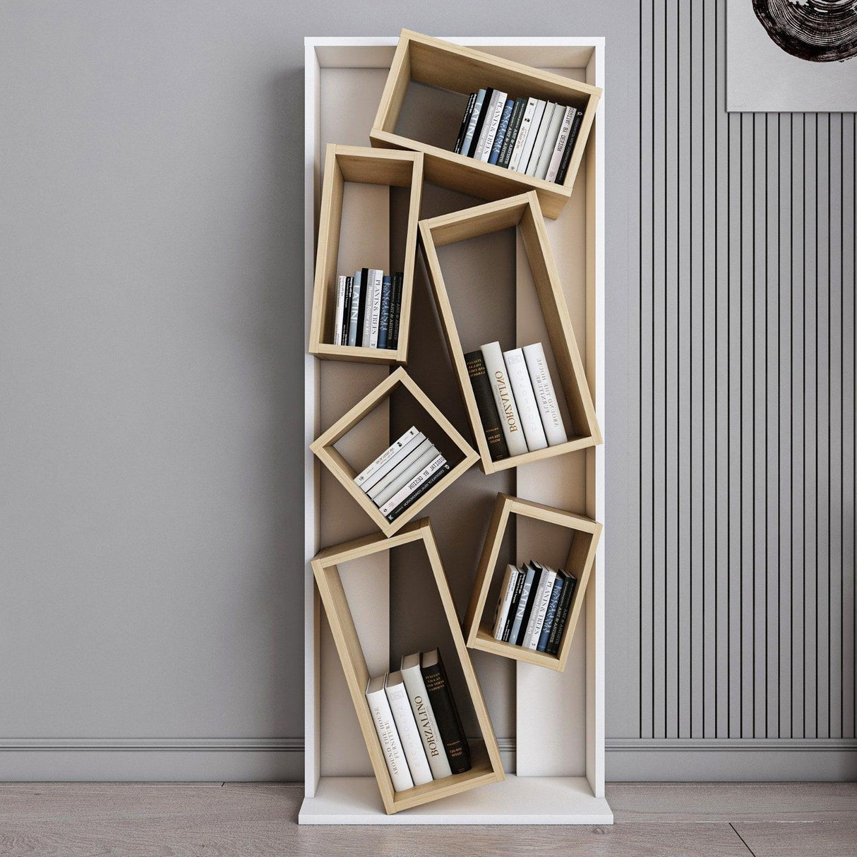 Biblioteca Razvan Design inception 6 compartimente, 63 X 154 X 24 Cm - stejar alb, SKU 875ZNA4608