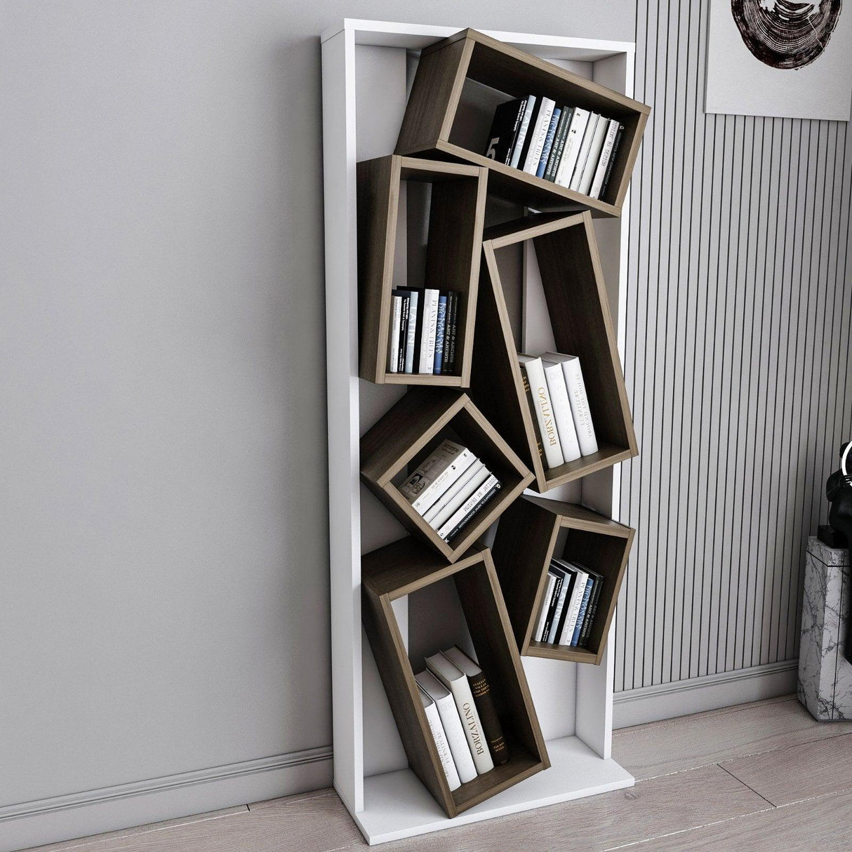 Biblioteca Razvan Design inception 6 compartimente, 63 X 154 X 24 Cm - Nuc Alb, SKU 875ZNA4608
