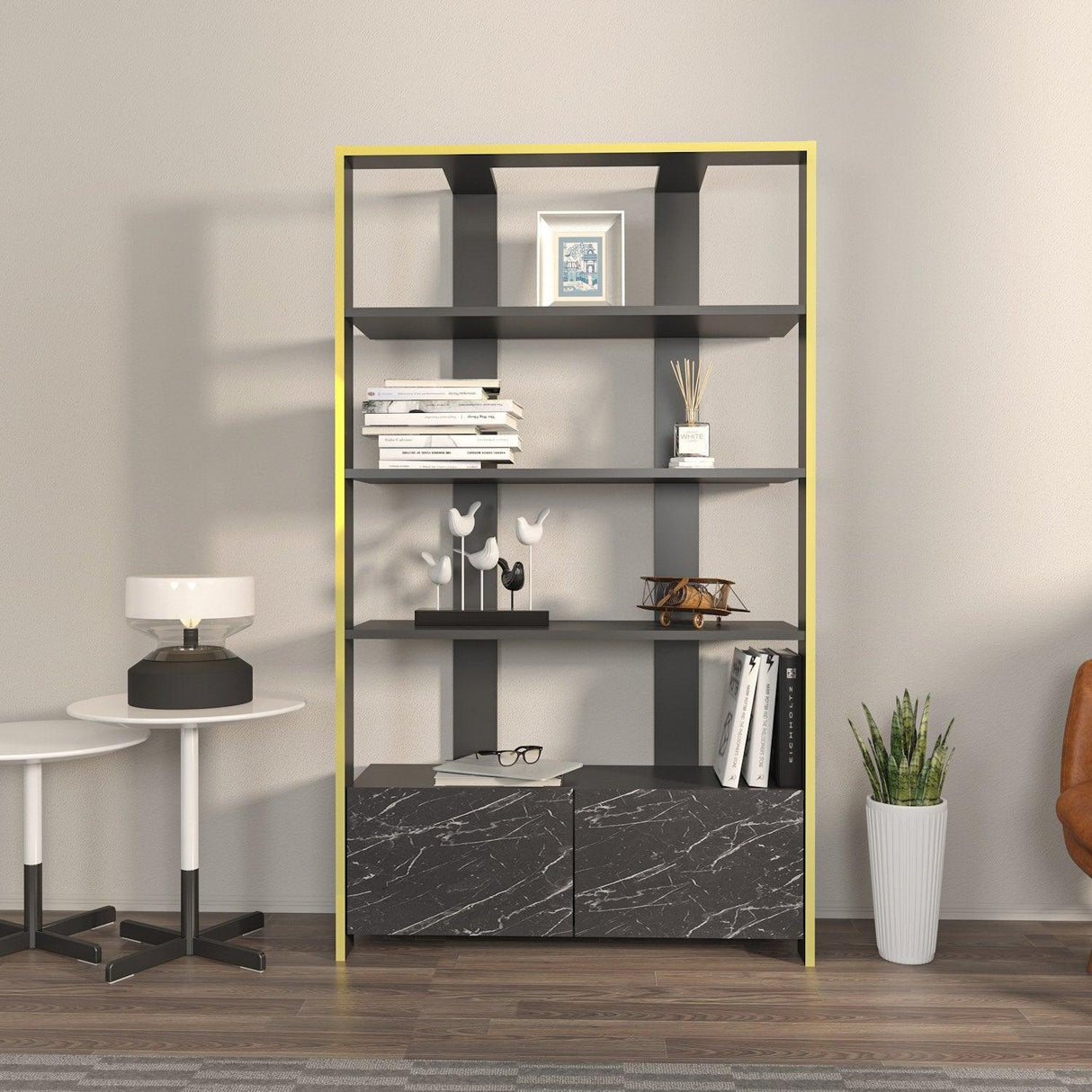 Biblioteca Elly cu 2 Usi si 5 Rafturi, 93 X 160 X 32 Cm - Marmură neagră, SKU 875ZNA4614
