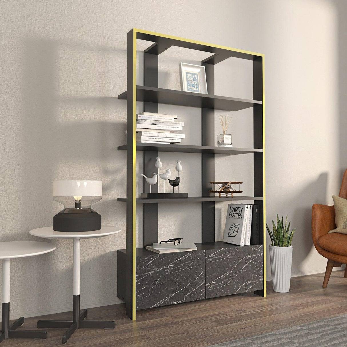 Biblioteca Elly cu 2 Usi si 5 Rafturi, 93 X 160 X 32 Cm - Marmură neagră, SKU 875ZNA4614