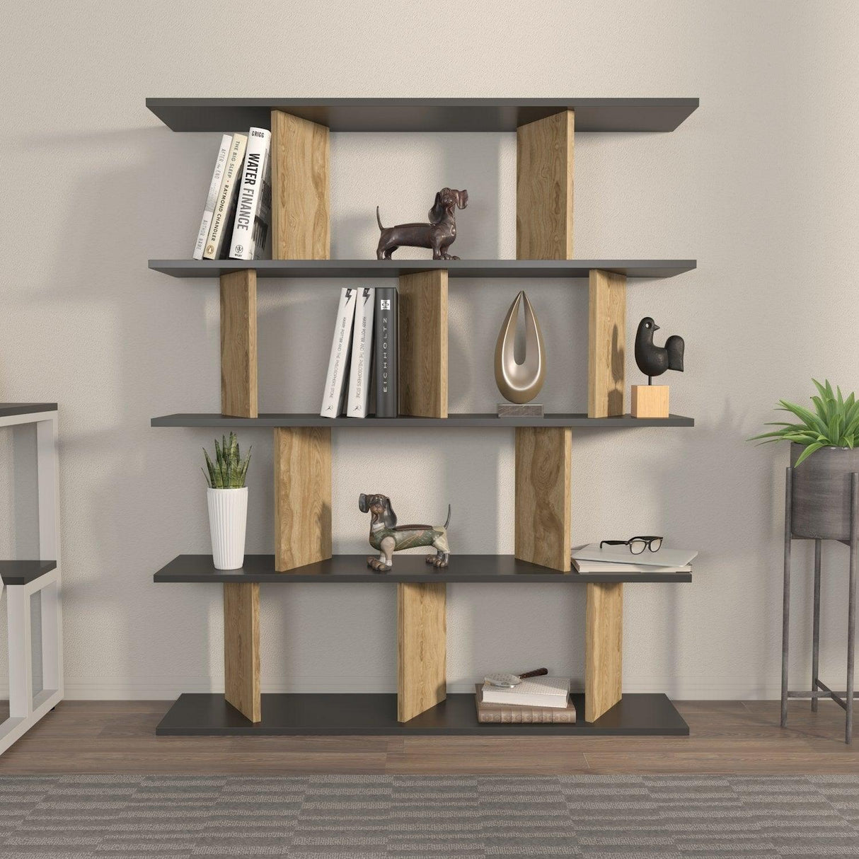 Biblioteca Tipi cu 5 Rafturi, 120 X 141 X 25 Cm - Stejar negru, SKU 875ZNA4617