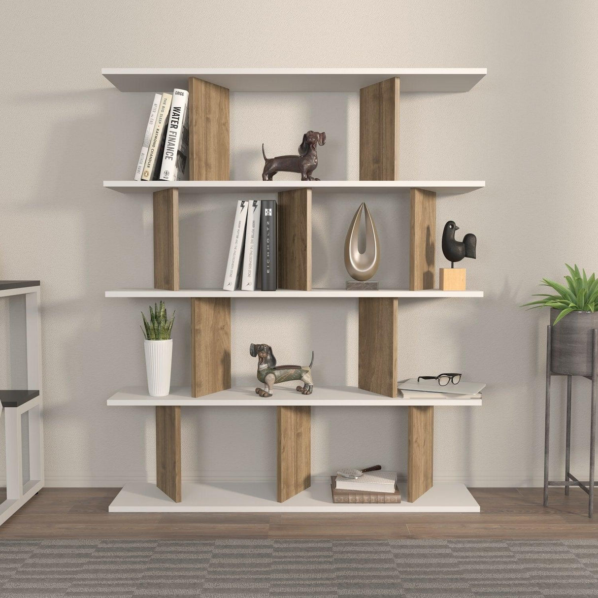 Biblioteca Tipi cu 5 Rafturi, 120 X 141 X 25 Cm - Nuc Alb, SKU 875ZNA4617