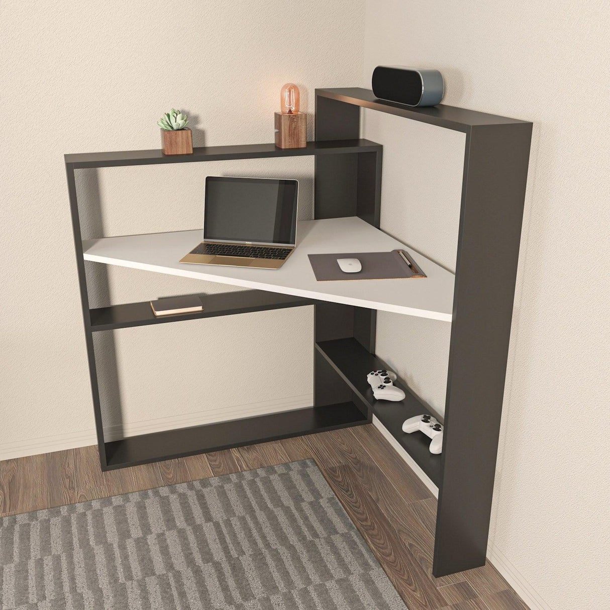 Birou Kelly cu 5 Rafturi, 94 X 114 X 94 Cm - Alb negru, SKU 875ZNA4633