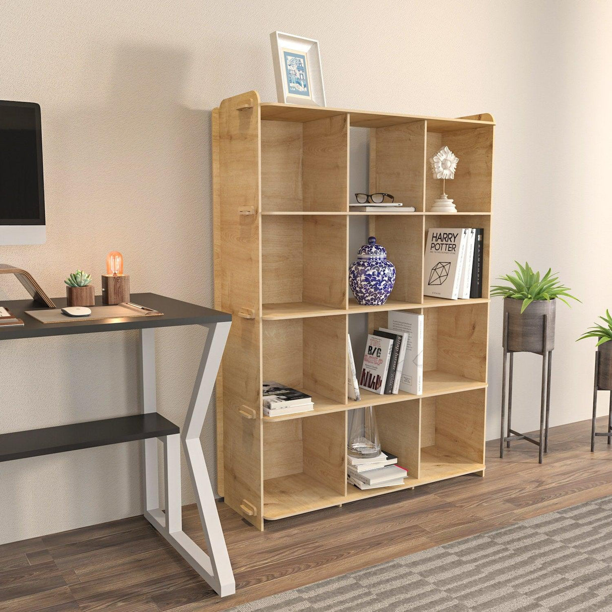 Biblioteca Zimba 4 Rafturi si 9 Compartimente, Stejar, 92 X 132 X 30 Cm