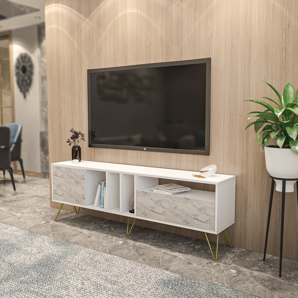 Comodă TV Mistico (180), Diverse culori, 180x36x59 cm - Ephesus - Auriu | SKU: 875ZNA5309 | Comodă TV Mistico (180), 180x36x59 cm, varianta Ephesus - Auriu, produs pentru amenajarea locuinței, disponibil online în România la CasaMob