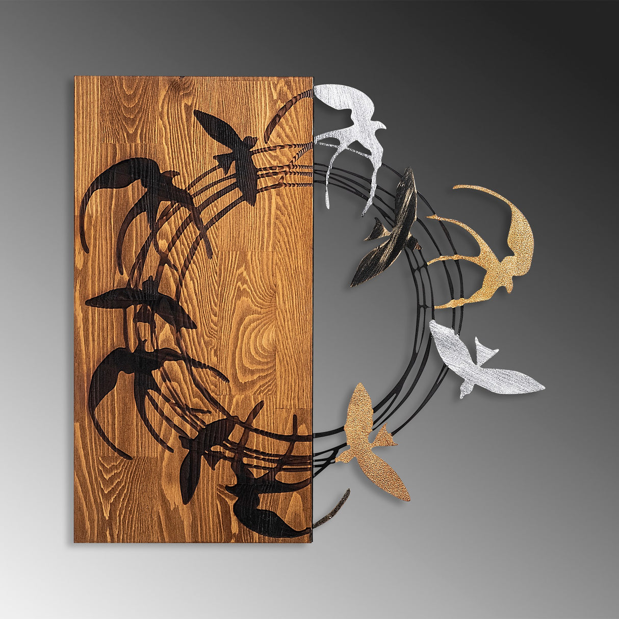 Decorațiune de perete din lemn Spiral Birds 2, Nuc - Negru, 58x58x3 cm
