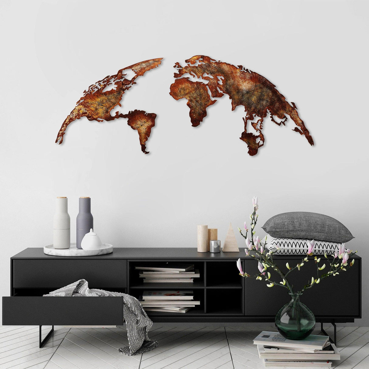 Decoratiune de perete Metal World Map Large2, Cupru, 59x1x150 cm - Multicolor, SKU 891TNL1616