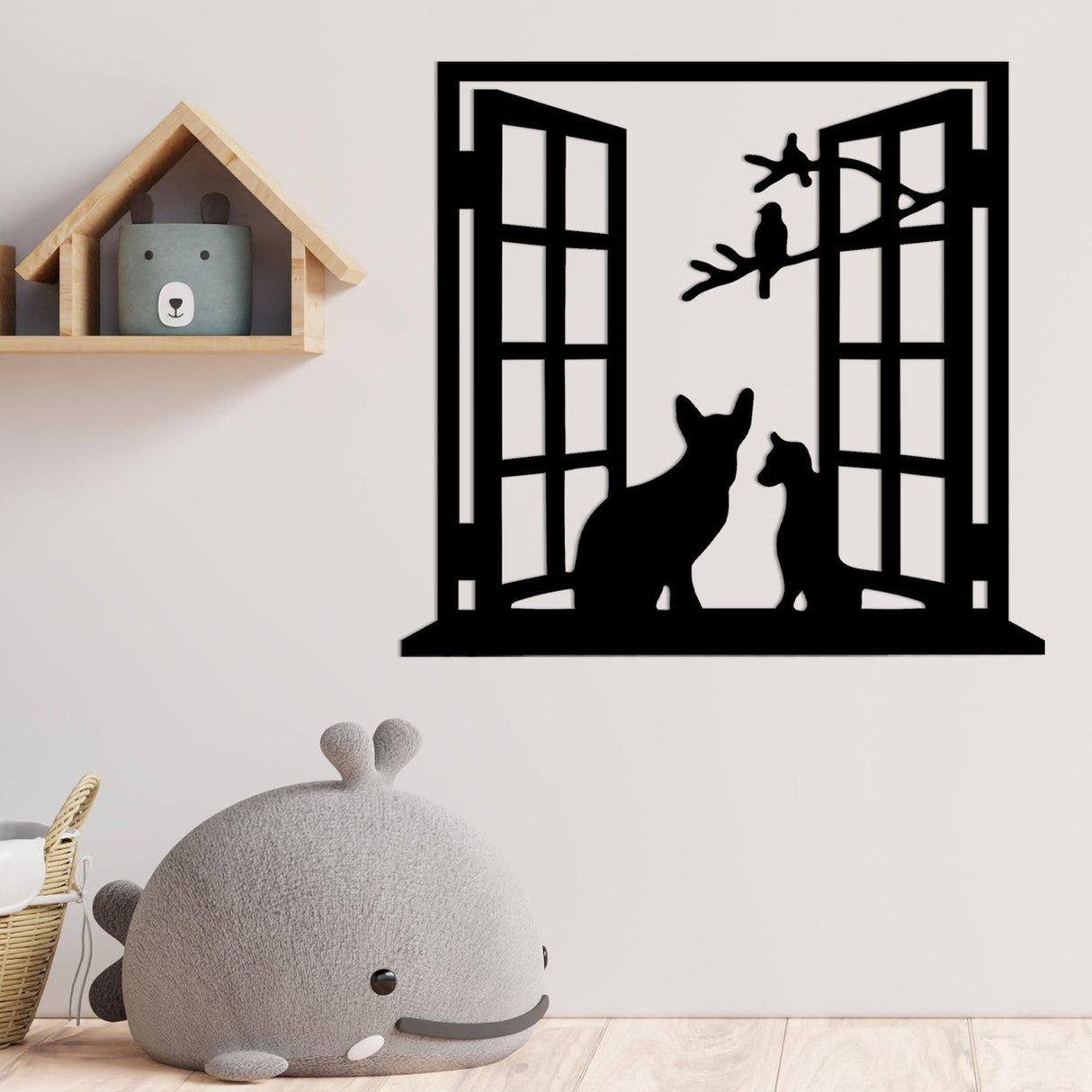 Decoratiune de perete Metal Cat In The Window, Negru, 0x92x100 cm