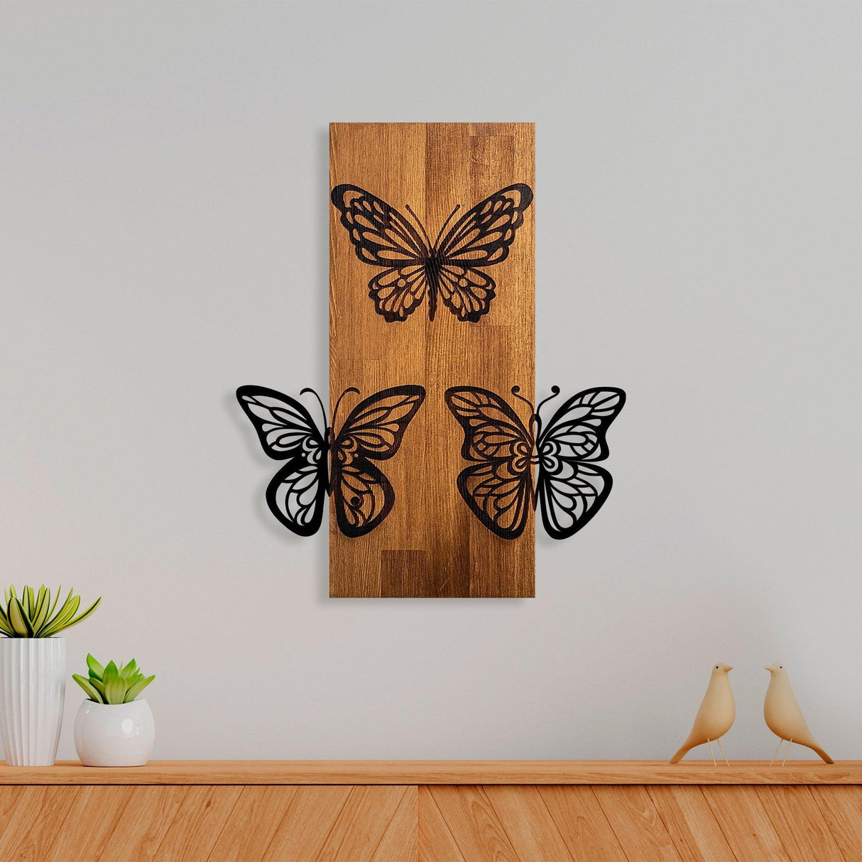 Decoratiune de perete lemn Butterflies wooden deco, Nuc, 47x58x3 cm