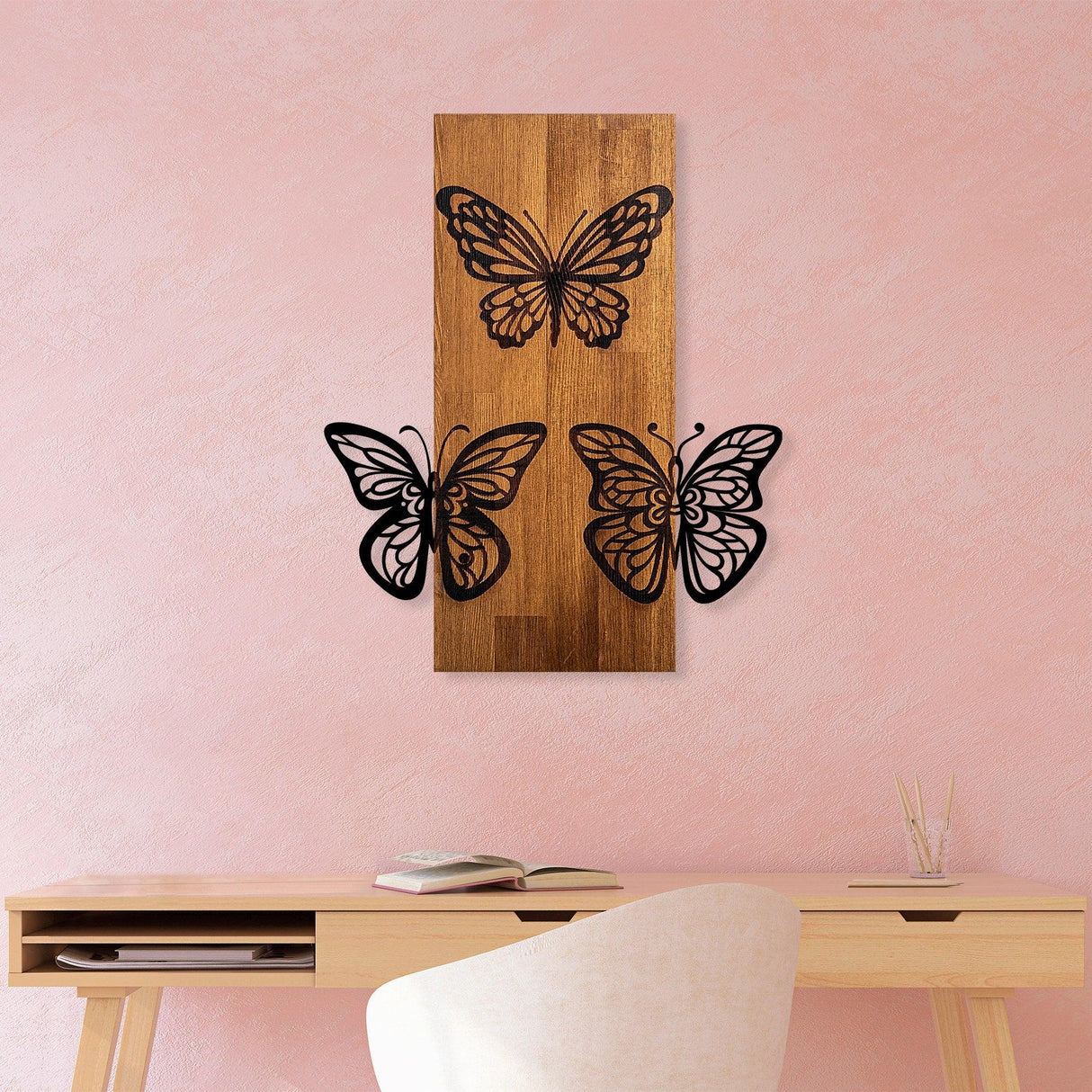 Decoratiune de perete lemn Butterflies wooden deco, Nuc, 47x58x3 cm