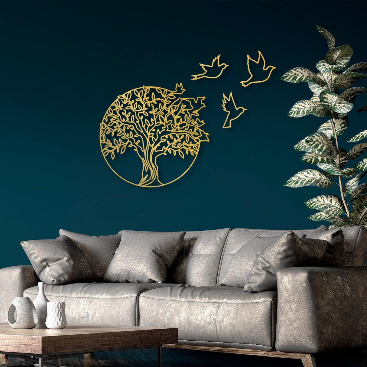 Decoratiune de perete Metal Tree And Birds_3, Negru, 56x1x61 cm - Auriu, SKU 891TNL2353
