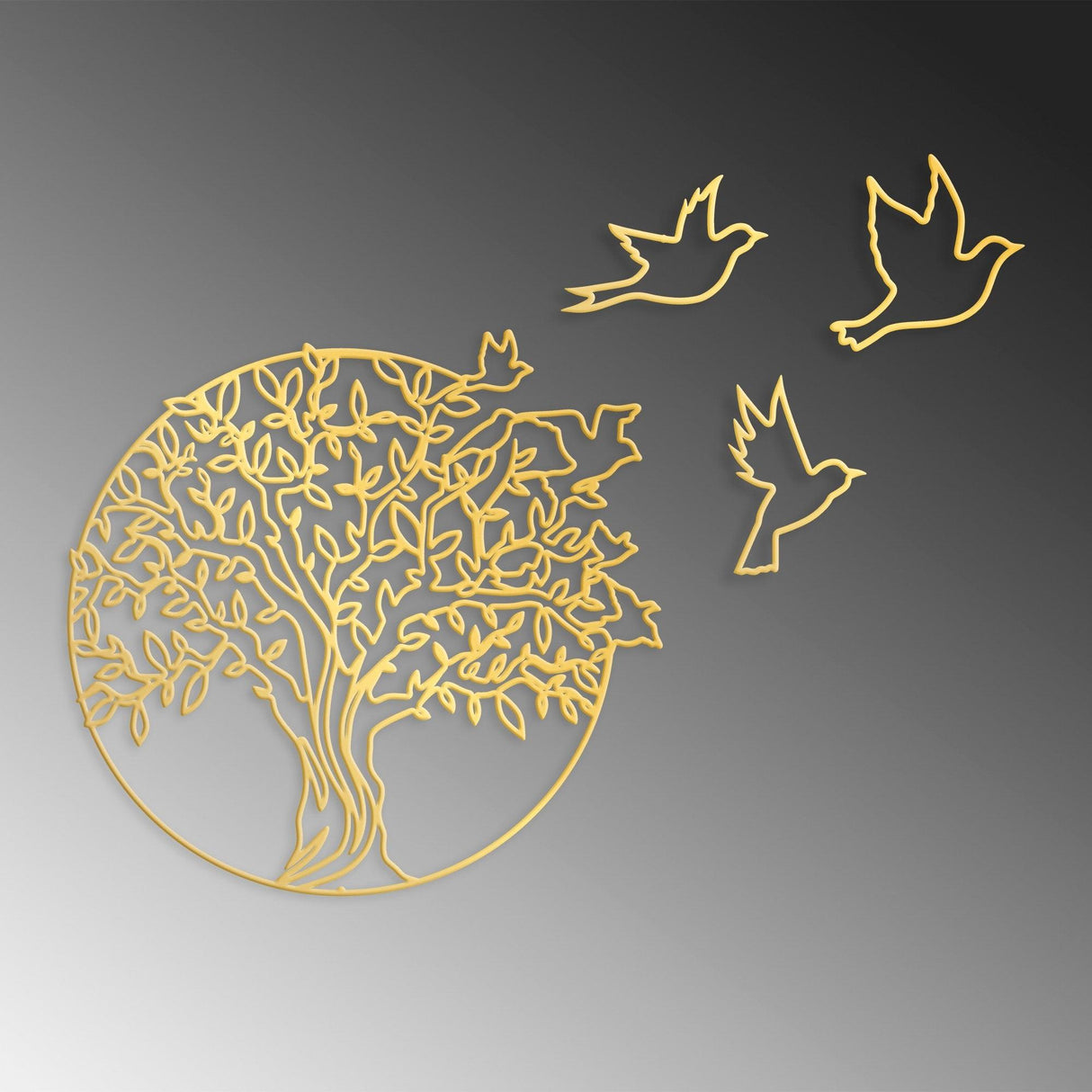 Decoratiune de perete Metal Tree And Birds_3, Negru, 56x1x61 cm - Auriu, SKU 891TNL2353