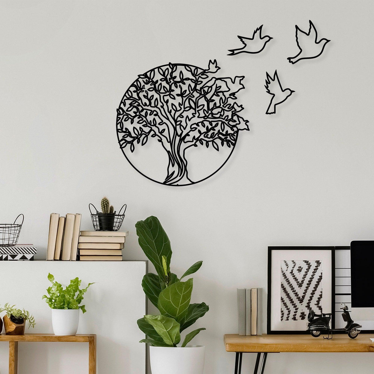 Decoratiune de perete Metal Tree And Birds_3, Negru, 56x1x61 cm - Negru, SKU 891TNL2353