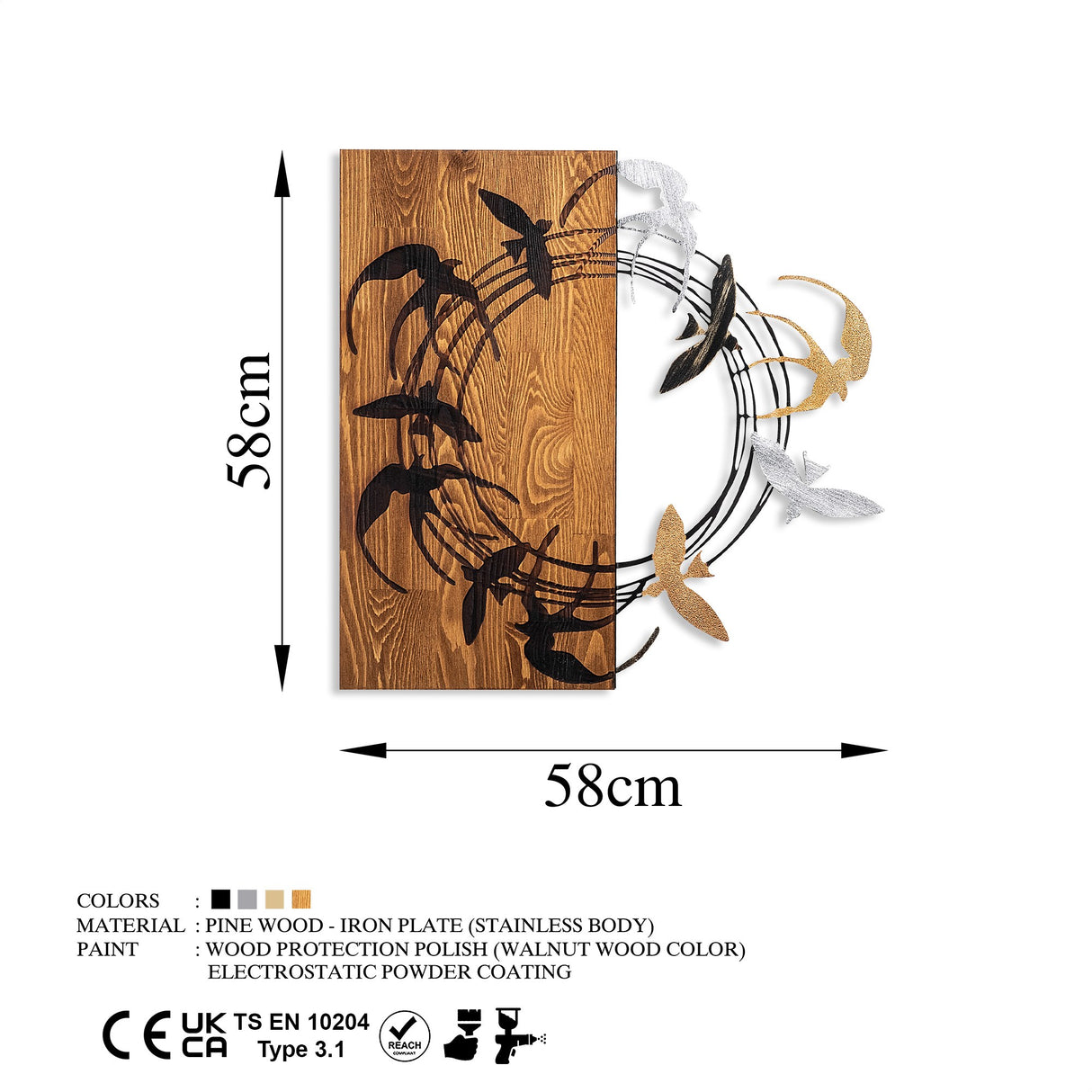 Decorațiune de perete din lemn Spiral Birds 2, Nuc - Negru, 58x58x3 cm