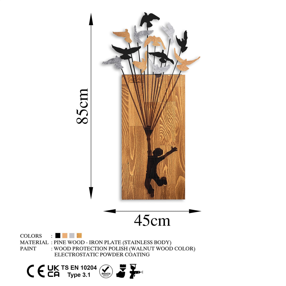 Decorațiune de perete din lemn Flying Boy 2, Nuc - Negru, 45x86x3 cm
