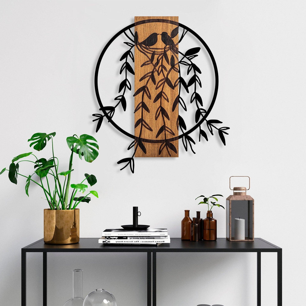 Decoratiune de perete lemn Bird Nest - 1, Nuc, 56x1x56 cm