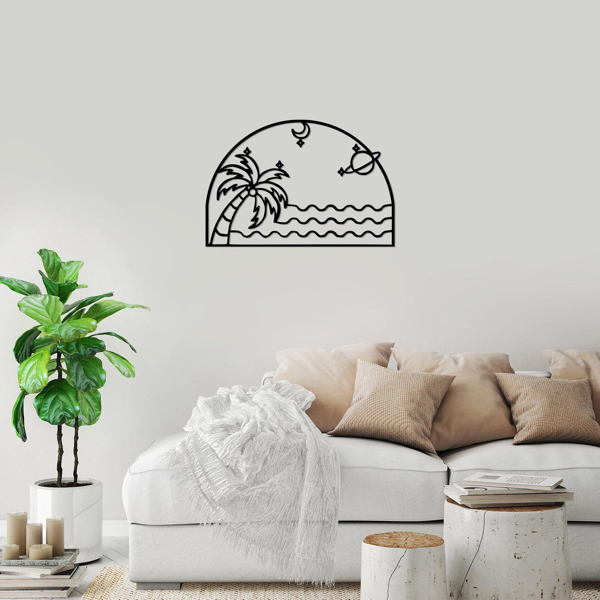Decoratiune de perete Metal Palm Sea Moon - 451, Negru, 47x1x70 cm