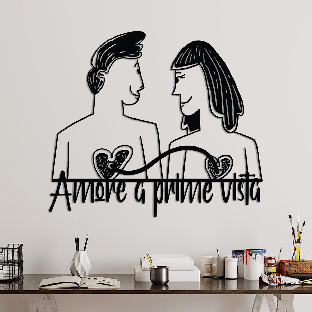Decoratiune de perete Metal Amore Prima Vista 5, Negru, 56x49 cm