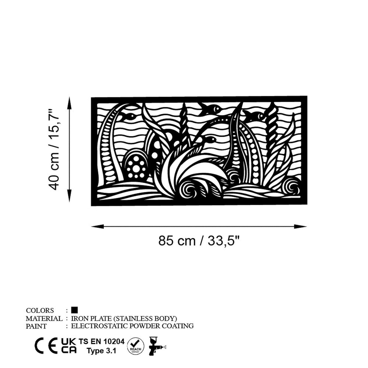 Decoratiune de perete Metal Ocean, Negru, 85x40 cm