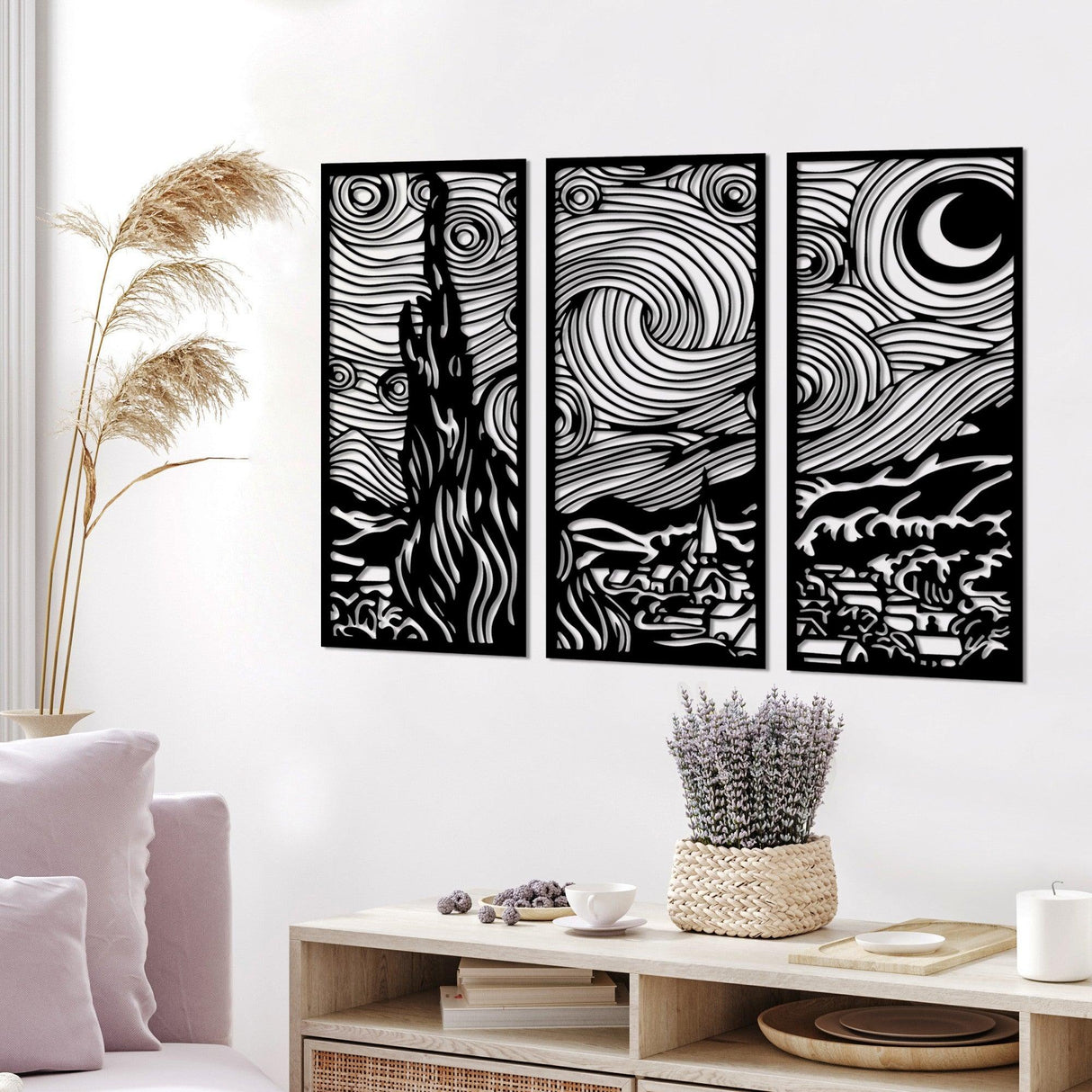 Decoratiune de perete Metal Vangogh, Negru, 3x30x73 cm
