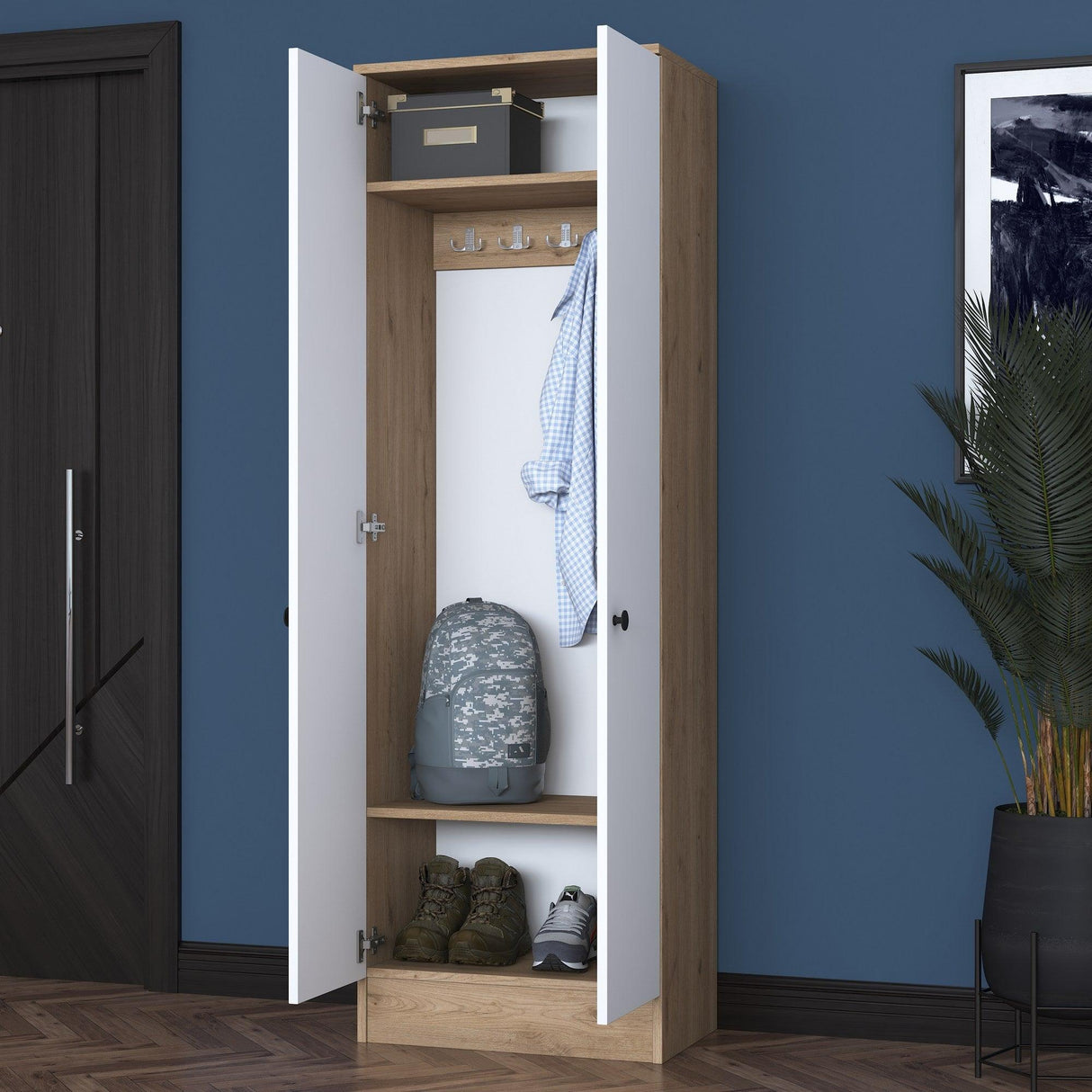 Cuier cu pantofar Mina cu 2 usi, Alb - Nuc, 60 x 183 x 38 cm - Maro, SKU 893RAN1721