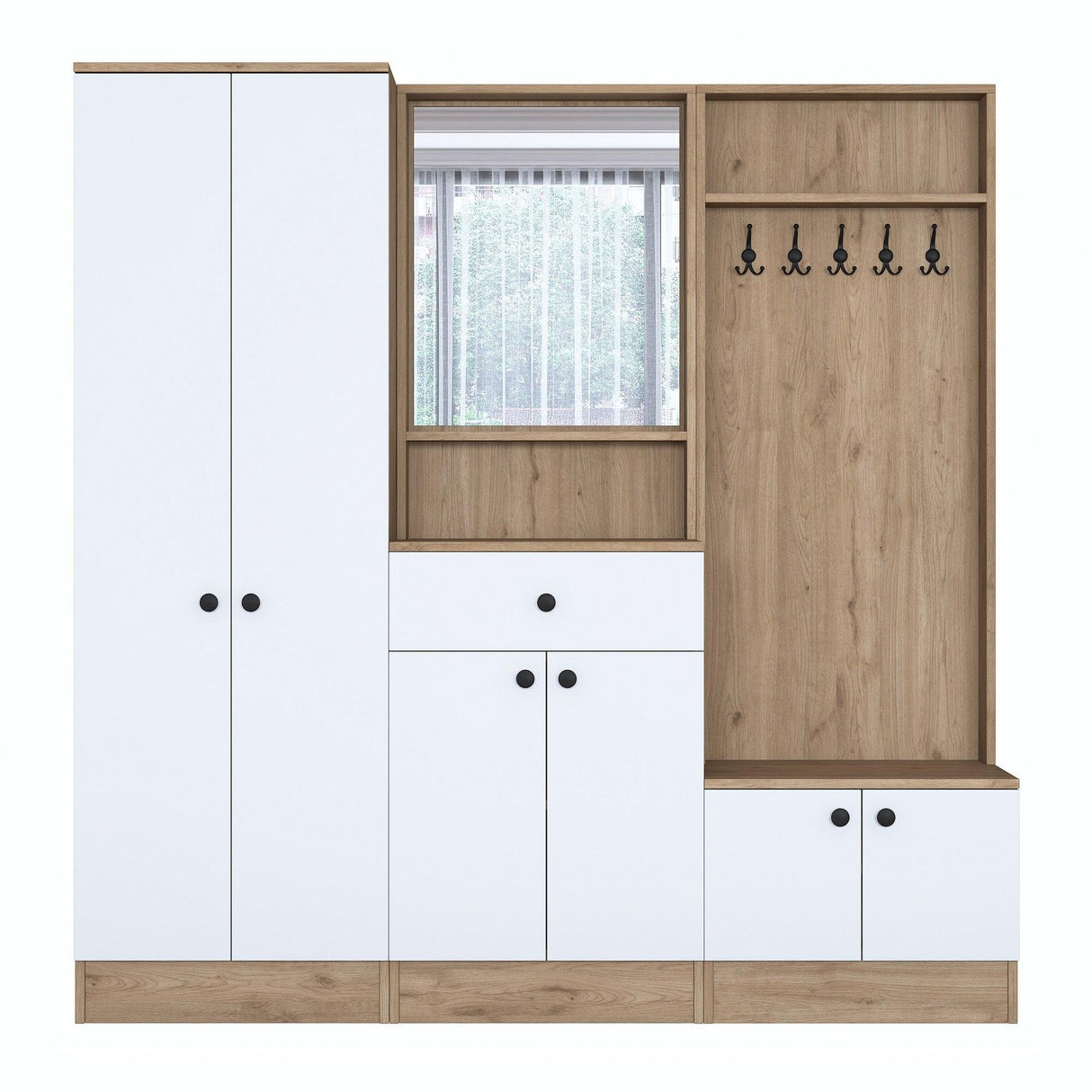 Cuier cu pantofar Muller cu oglinda si 6 usi si sertar, Alb, 180 x 183 x 38 cm