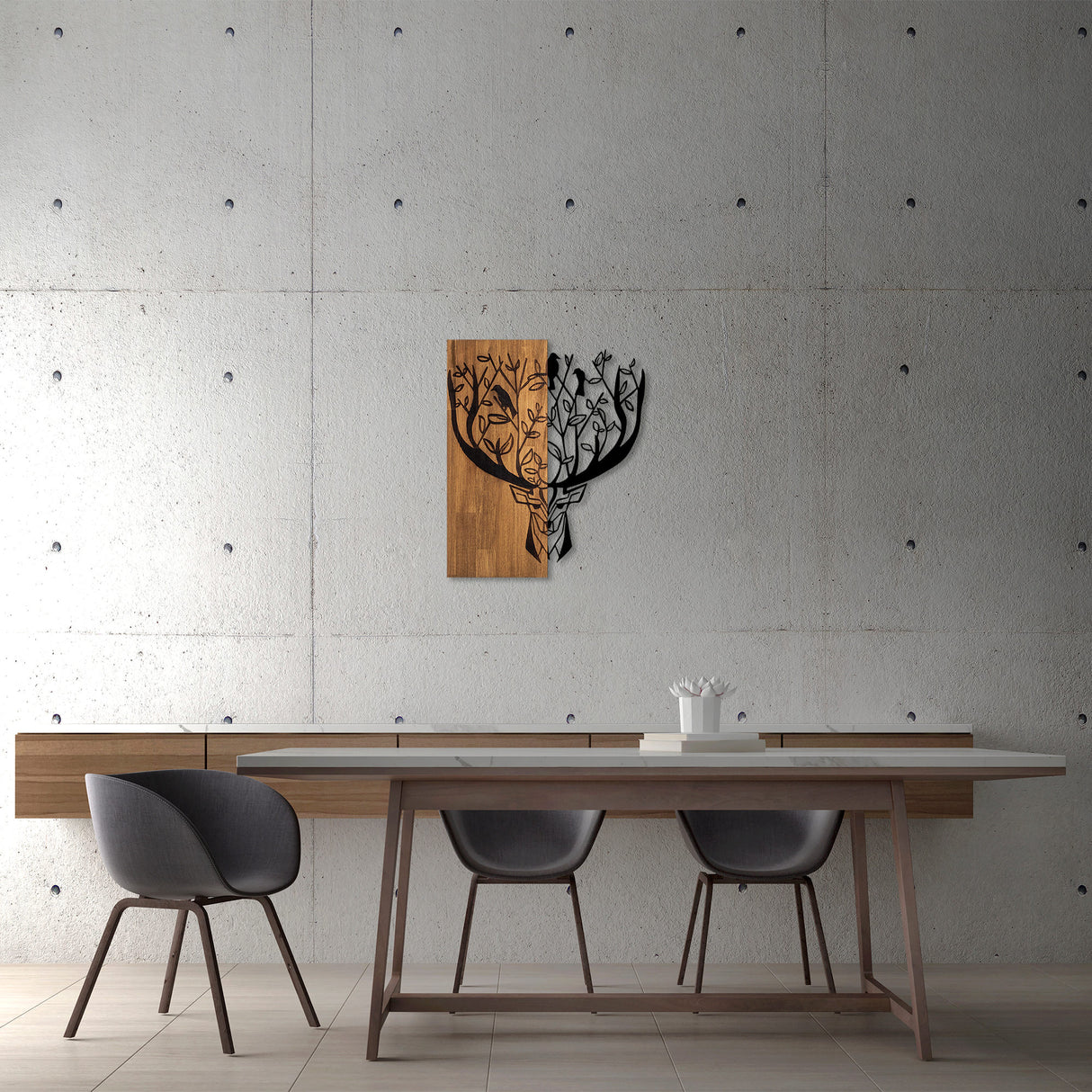 Decorațiune de perete din lemn Deer 1, Nuc - Negru, 49x58x3 cm