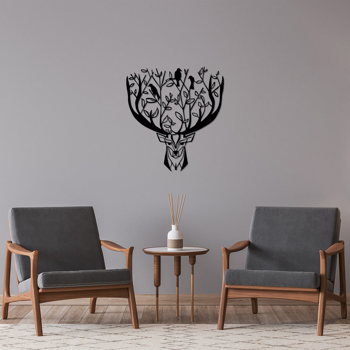 Decorațiune de perete din metal Deer, Negru, 66x70x2 cm