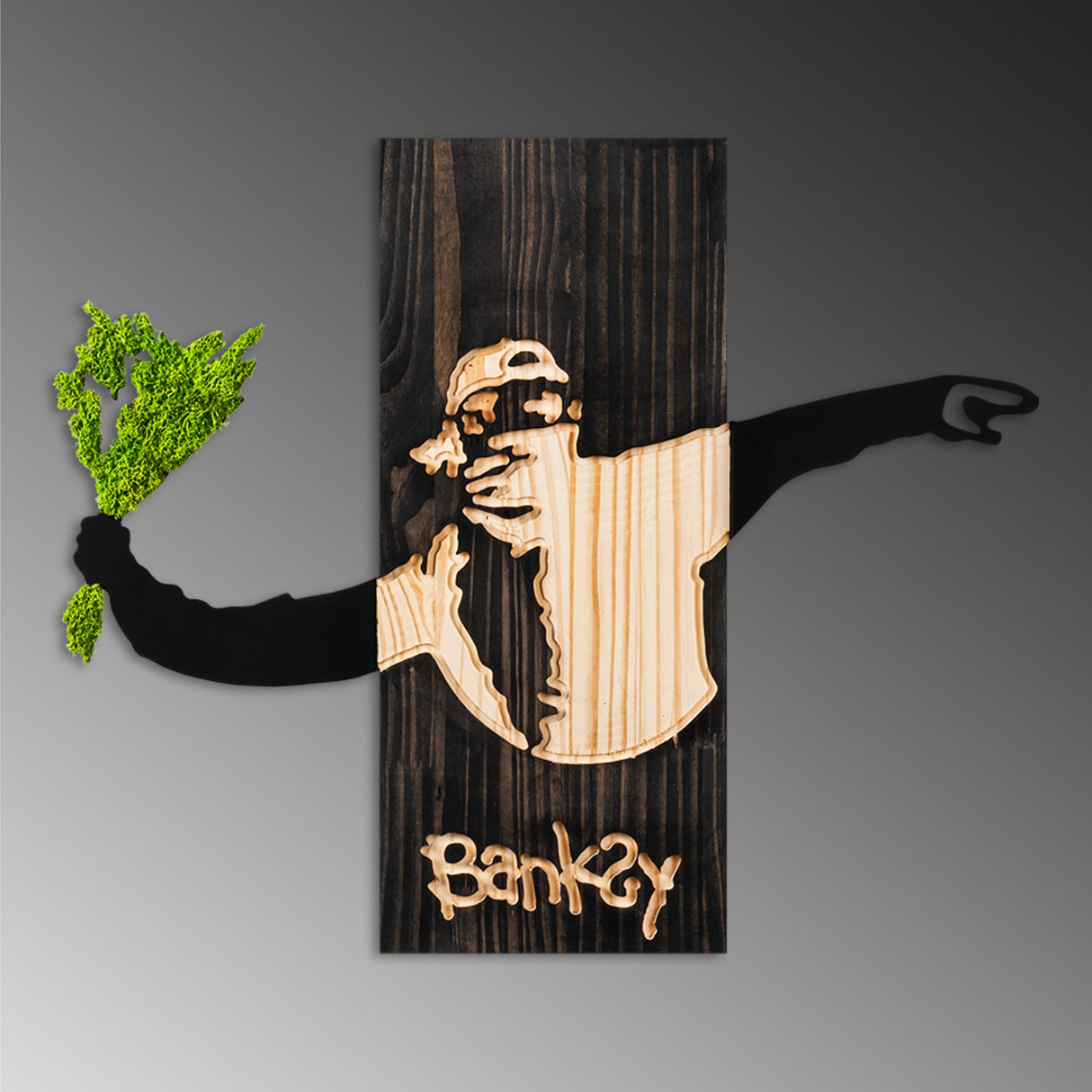 Decorațiune de perete din lemn Banksy - Flower Thrower 2, Negru - Nuc - Verde, 69x3x58 cm