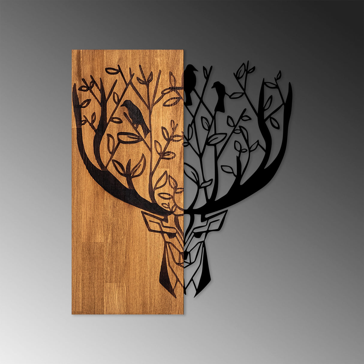 Decorațiune de perete din lemn Deer 1, Nuc - Negru, 49x58x3 cm