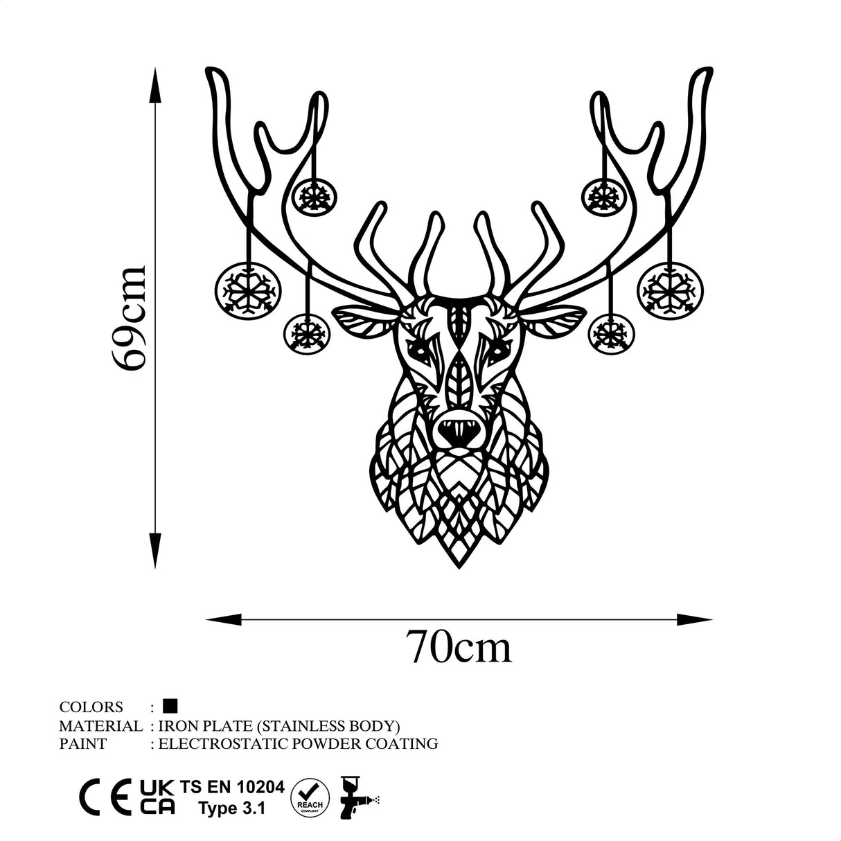 Decorațiune de perete din metal Christmas Deer, Negru, 69x70x0 cm