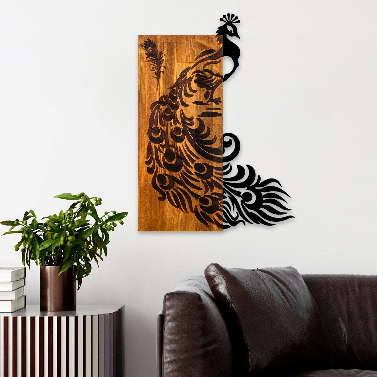 Decoratiune de perete lemn Peacock, Nuc, 47x65x3 cm