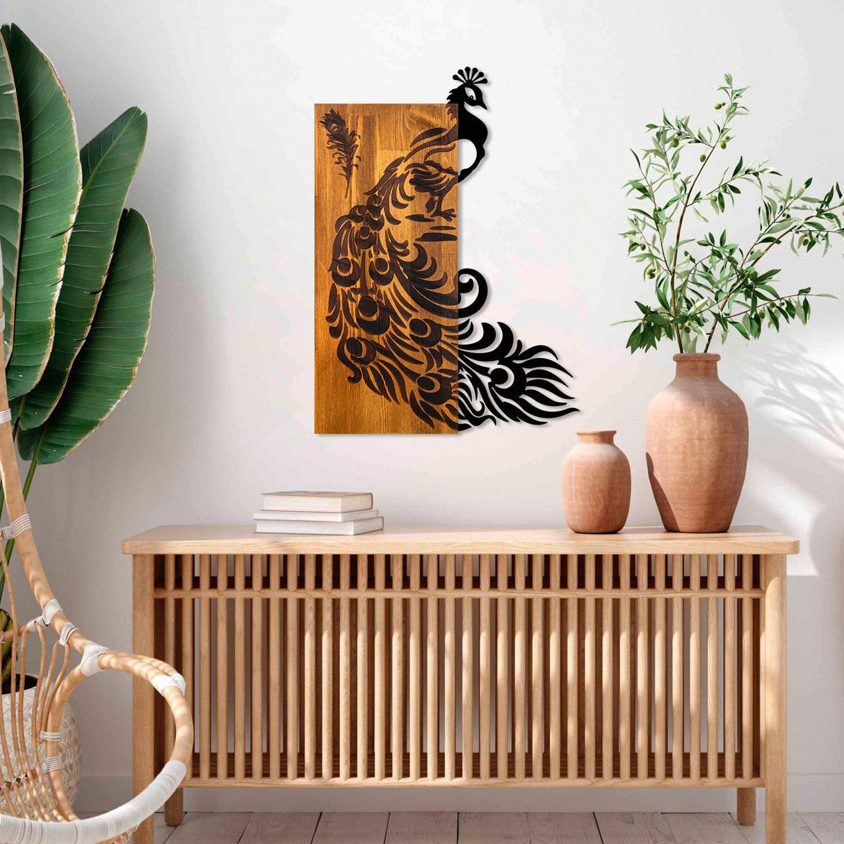 Decoratiune de perete lemn Peacock, Nuc, 47x65x3 cm